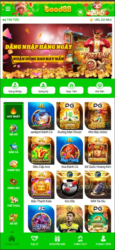 Ứng dụng Good88 hiển thị trên màn hình điện thoại với menu game và tính năng chính