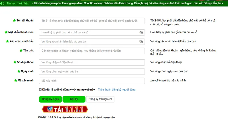 Form đăng ký tài khoản Good88 với các trường thông tin bắt buộc được đánh dấu rõ ràng
