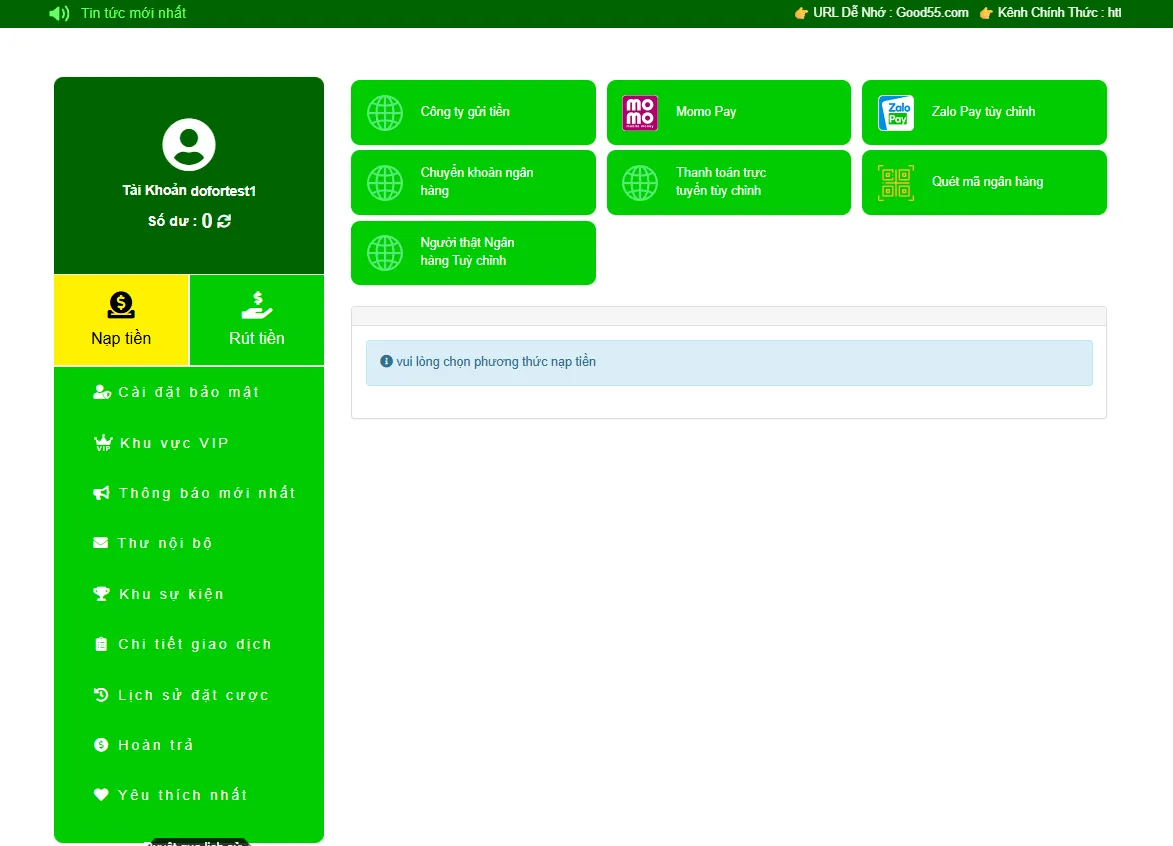 Trang nạp rút tiền Good88 hiển thị đầy đủ các phương thức thanh toán từ ngân hàng đến ví điện tử