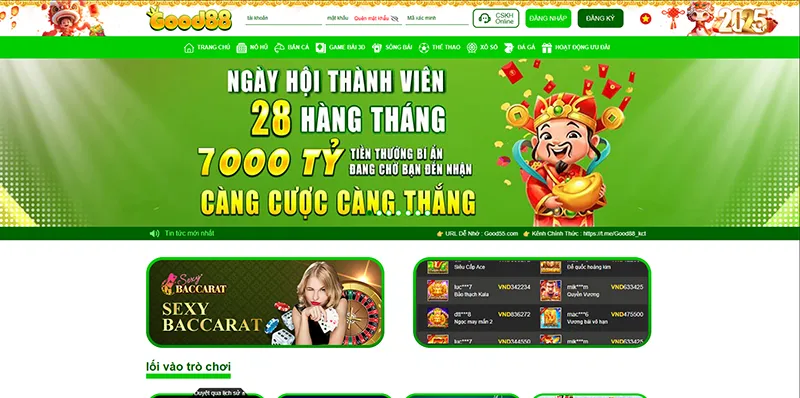 Giao diện trang chủ Good88 với thiết kế hiện đại và menu điều hướng rõ ràng